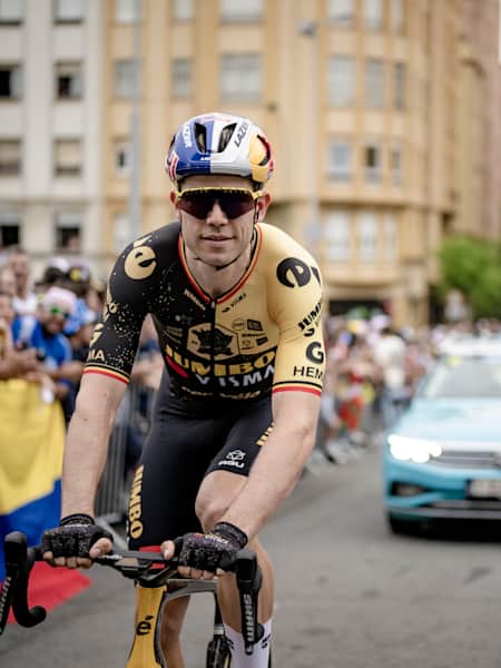 Wout van Aert at the race start of stage 1 from Bilbao to Bilbao of the 110th Tour de France 2023 on July 1, 2023.