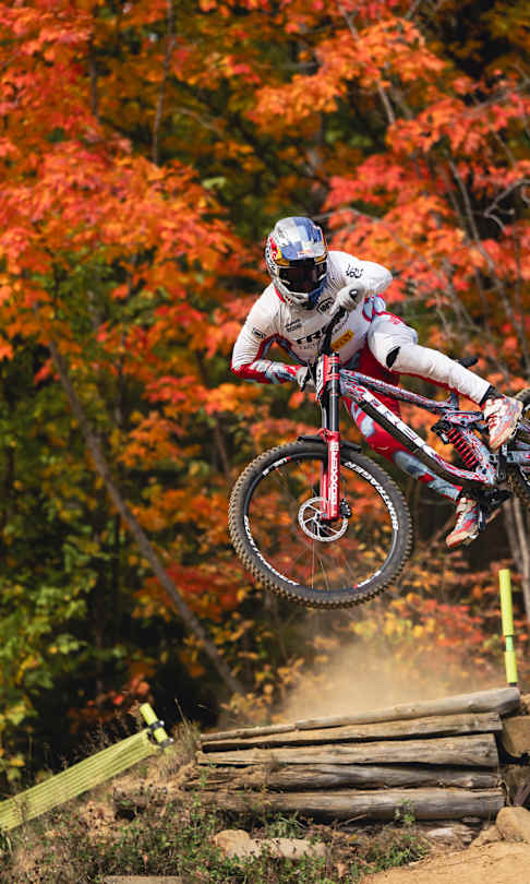 Kade Edwards performs at UCI DH World Cup in Mont Sainte Anne, Canada on October 7, 2023.