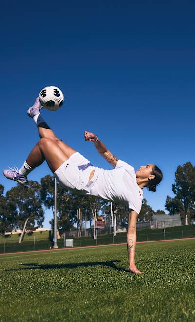 Deyna Castellanos stretches on set in Los Angeles, California on February 24, 2025. 