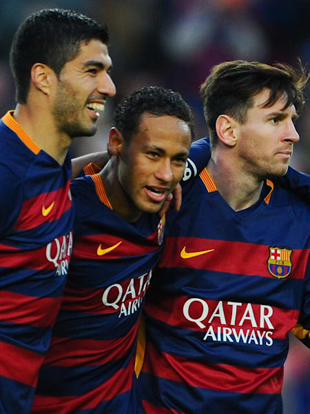 Luis Suárez, Neymar Jr and Lionel Messi celebrate Neymar's goal against Real Sociedad in November 2015.