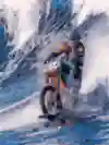 Robbie Maddison surft auf seinem Motorrad im Meer