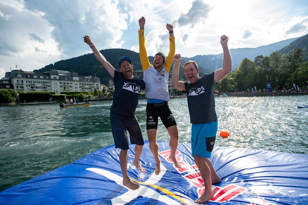 Chrigel Maurer celebrates in the  finish in Zell am See, Austria 