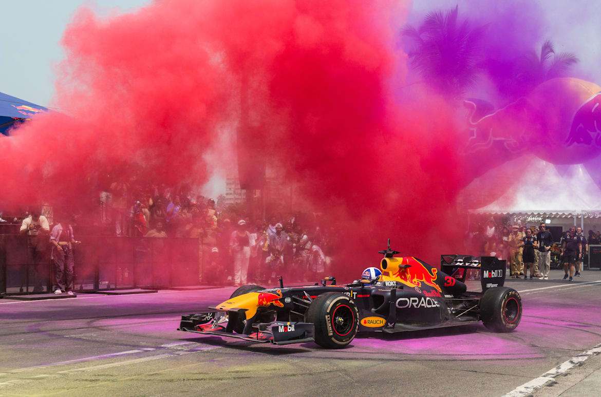 David Coulthard performs at the Red Bull Showrun Mumbai 2023