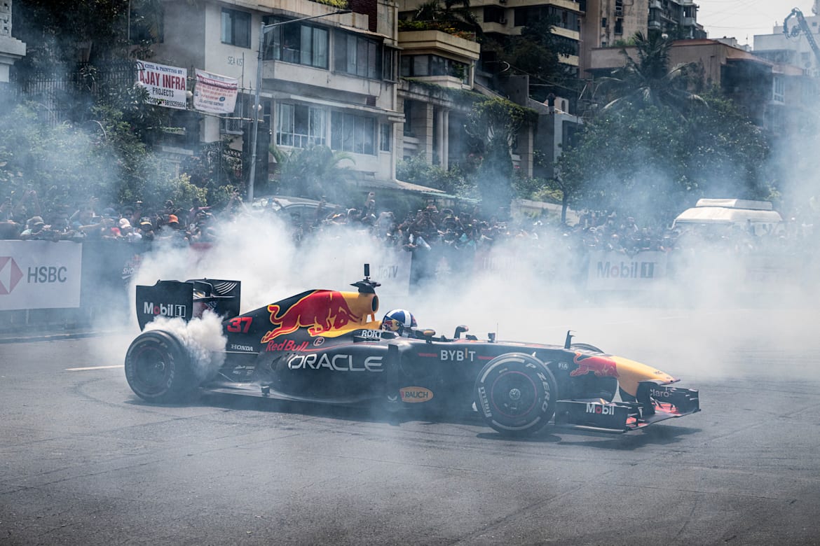 David Coulthard performs at the Red Bull Showrun Mumbai 2023