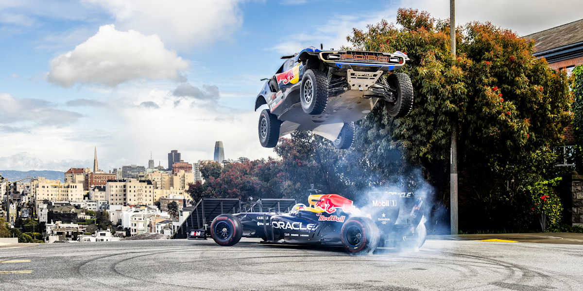 Guthrie Jr. leaps over an F1 car in a Ford Raptor T1+