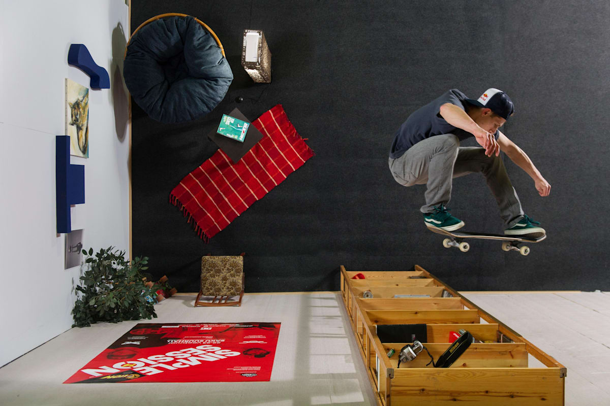 A skateboarder plays with perception
