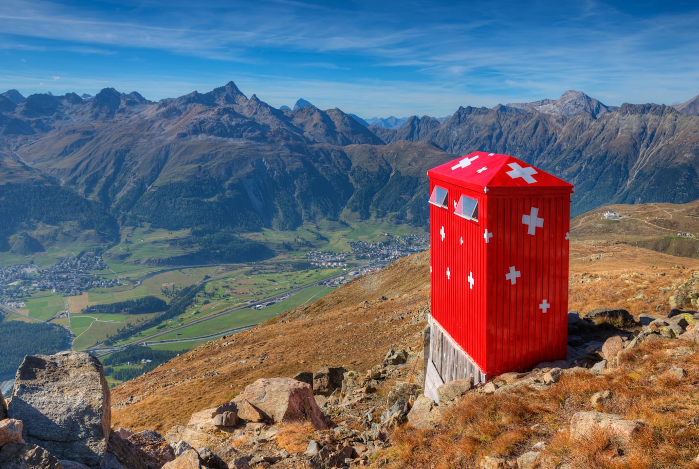 The Segantini Hut stands out on the Languard Alp, Switzerland