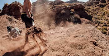 Carson Storch digging a feature on his line at Red Bull Rampage 2017 in Virgin, Utah.