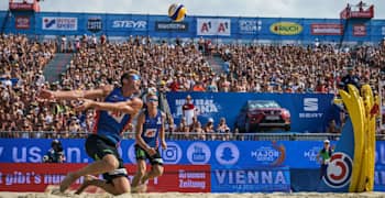 Action from the FIVB Beach Volleyball Major Series in Vienna, Austria.