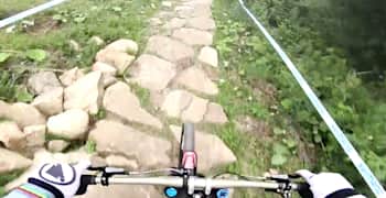 Gee Atherton POV of the downhill track at Mont-Sainte-Anne during the UCI MTB World Cup 2018.