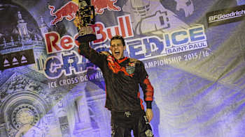 Cameron Naasz celebrates his Crashed Ice title