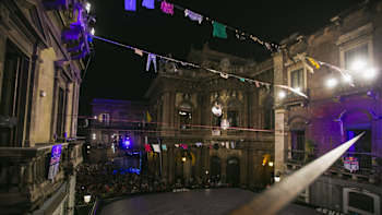 Lukas Huber performing at Red Bull Airlines Slackline event in Catania, Italy