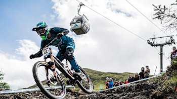 Greg Minnaar races at the top of the course during the Fort William UCI DH World Cup Rd 2 finals on June 4, 2017