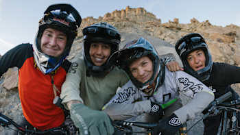 Robin Goomes, Vaea Verbeeck, Hannah Bergemann, Cami Nogueira, in Big Water, Utah during the filming of 'Anytime!' by Anthill Films on November 11, 2023.