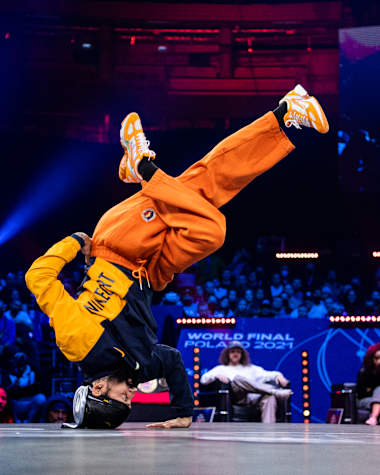 B-Boy Flea Rock of USA competes at the Red Bull BC One B-Boys World Final in the ERGO Arena in Gdansk, Poland on November 6, 2021