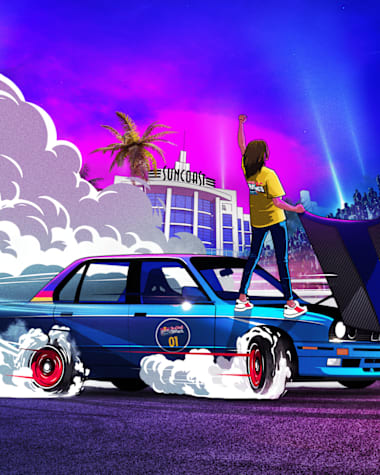 An artistic depiction of a spinner standing on their car and opening their hood in celebration, while smoke billows from the screeching tires at Red Bull Shay' iMoto