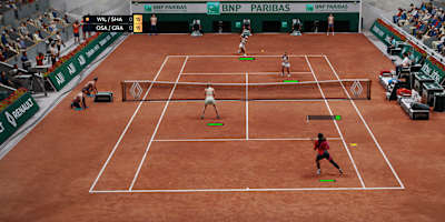 Captura de pantalla de TopSpin 2K25 que muestra un partido de dobles femenino.