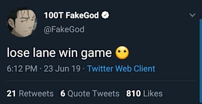 Take it from 100Thieves’ rookie top laner Aaron ‘FakeGod’ Lee, a master of sacrificing himself and his lane to assure his team picks up the win. Photo from FakeGod’s personal Twitter.