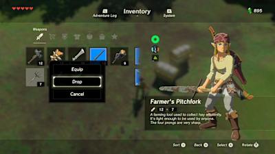 Une image de l'inventaire des armes de Link dans le nouveau jeu Nintendo Switch Zelda: Breath of the Wild.
