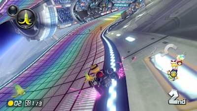 A screenshot of the purple boost in Mario Kart 8 Deluxe