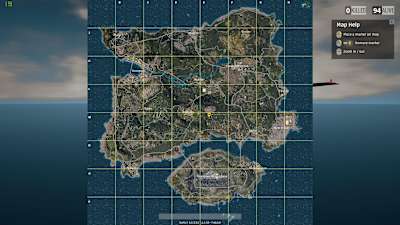 A screenshot of the PUBG map showing the houses east of Pochinki