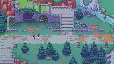 A screenshot from Spellbound showing a landscape with stairs, a path and a stream.