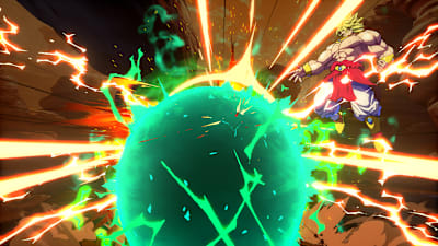 Screenshot of Broly unleashing his Gigantic Meteor in the video game Dragon Ball Fighter Z.