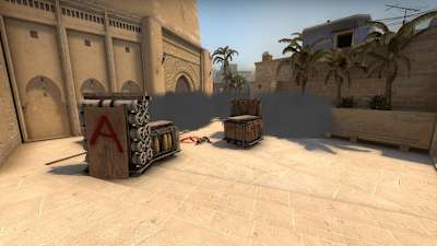A screenshot of smokes on A site in the revamped Mirage map from Counter-Strike: Global Offensive.