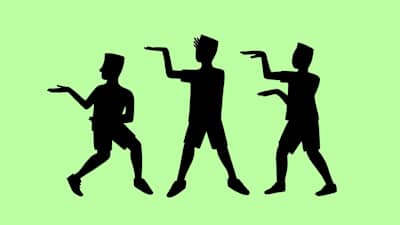 A silhouette image of dancers doing the Shoki.