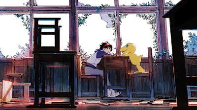Characters sit at a table in Digimon Survive.