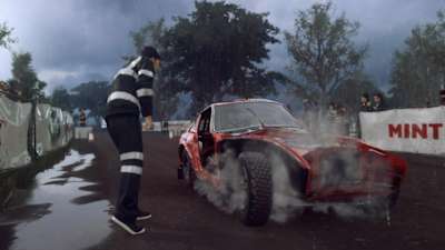 A screenshot of a wreck in DiRT Rally 2.0