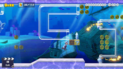 Screenshot of an underwater level in Super Mario Maker 2