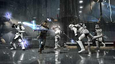Starkiller im Kampf gegen Sturmtruppler. In The Force Unleashed 2 kämpft ihr mit zwei Lichtschwertern und der Macht