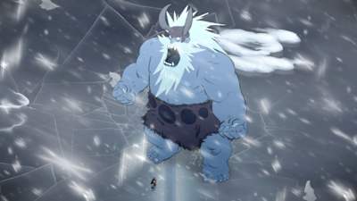 Thora im Kampf gegen einen Eisriesen. Jotun: Valhalla Edition überzeugt mit beeindruckenden Bosskämpfen