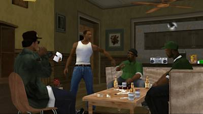 CJ im Gespräch mit seiner Gang. Grand Theft Auto: San Andreas thront mit seinen Verkaufszahlen über den rund 3.800 PS2-Spiel. Platz 2 belegt Gran Turismo 3: A-Spec