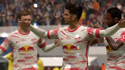 RB Leipzig-Spieler André Silva jubelt mit seinen Teamkollegen in FIFA 22.