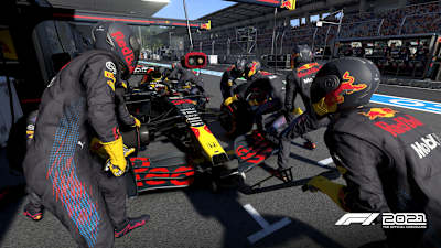 Screenshot eines Boxenstopps von Red Bull Racing Honda in F1 2021
