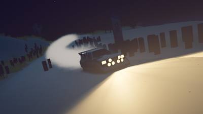 Screenshot aus art of rally zeigt ein Nachtrennen im Gruppe B-Rennwagen das hammer v2.