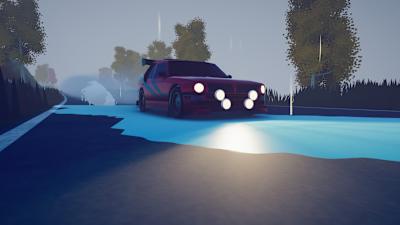 Screenshot aus art of rally zeigt den fiktiven il gorilla e1 im Regen. Er ist dem Lancia SE041 ECV nachempfunden - lizenzierte Rennwagen gibt es im Spiel nicht.