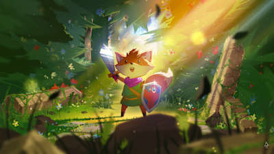 Artwork aus dem Spiel Tunic zeigt den Helden mit Schwert und Schild.