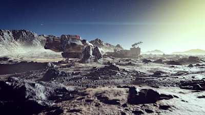 Artwork aus dem Sci-Fi-Rollenspiel Starfield zeigt ein Raumschiff auf einem fremden Planeten.