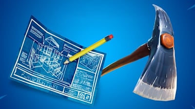 Artwork from Fortnite shows a blueprint and the pickaxe