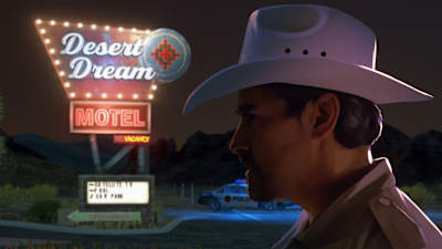 A sherrif ponders in front of a neon motel sign in As Dusk Falls
