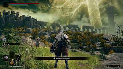 Screenshot aus Elden Ring zeigt die Hauptfigur, die auf einen riesigen Baum schaut,