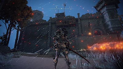 An Elden Ring character covered in mushrooms stands before Fort Faroth at night, in the rain