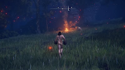 An unequipped character in Elden Ring runs across a field towards a bonfire, donning just a loin-cloth 