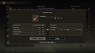 An image of the Elden Ring menu highlighting crafting