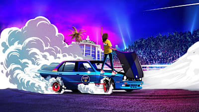 An artistic depiction of a spinner standing on their car and opening their hood in celebration, while smoke billows from the screeching tires at Red Bull Shay' iMoto