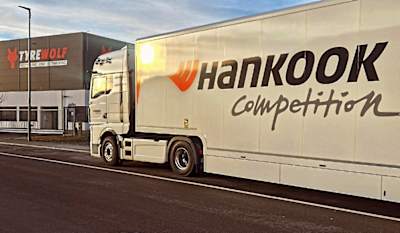 Hankook Competition truck parked outside Tyrewolf’s factory