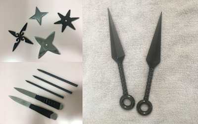 様々な形状の手裏剣。左上が星型の"車手裏剣"。左下が"棒手裏剣"、右が"苦無"。